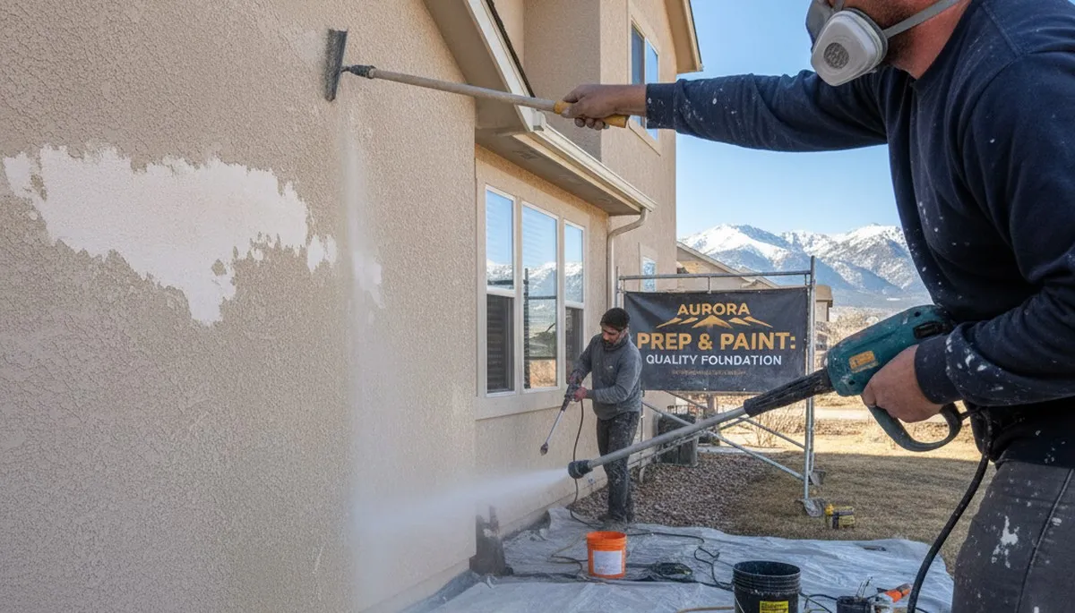 Exterior stucco prep and repair work by professional painters in Aurora, CO for lasting paint adhesion